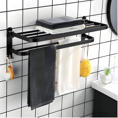 yozhch Wall Mounted Towel Rack, Towel Rack with Hooks, Towel Rack with Double Rod, Foldable Stainless Steel Towel Rack for Bathroom (58cm)