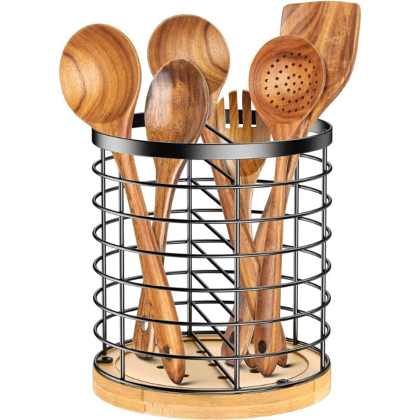AUSYDE Kitchen Utensil Holder, Stainless Steel + Wooden Base Utensil Holder, Breathable and Easy to Dry, Large Utensil Holder for Kitchen, Black (Metal + Bamboo)
