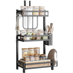 NETEL Multifunctional Standing Spice Rack, 3 Tiers, Rustproof Spice Rack, Spice Holder, Kitchen Shelf Organiser for Worktop Storage with Utensil Holder, Chopping Board Holder, Hook, Black