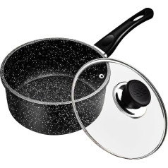 Milk Pot Non-Stick Coating, Diameter 16 cm Casserole with Handle and Lid, Small Casserole Saucepan Induction Black for Induction, Electric and Gas Hobs