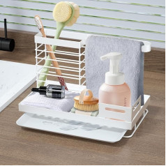 KIKIGOAL Kitchen Sink Organiser, Sink Organiser with Removable Drip Tray, Stainless Steel Sponge Holder for Kitchen Sink, Brush Soap Drainer, Tea Towel Holder (White)