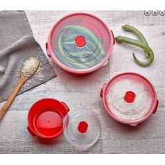 3pc Microwave Food Cooking Bowls Container Set With Lids (White)