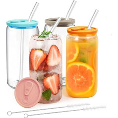 MEIMUCUL Glass with lid and straw, drinking glass with lid, 500 ml, iced coffee glasses, can-shaped glass cups, smoothie glasses, drinking glasses with lid and straw for bubble tea, latte, macchiato,