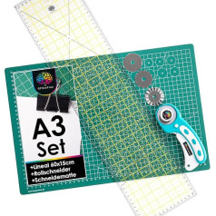 OfficeTree A3 Cutting Mat Green + Rotary Cutter + Patchwork Ruler 60 cm, Cutting Mat Set for Professional Cutting, Sewing Accessories for Being Creative, Green, A3