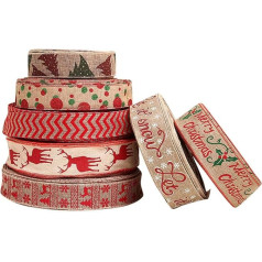 Amosfun Pack of 7 Christmas Hessian Ribbon Fabric Holiday Hessian Ribbon Jute Hessian Wired Ribbon Gift Packaging for Wedding Christmas (Random)
