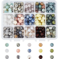 nbeads Pack of 375 8 mm Natural Gemstone Beads, 15 Styles, Round Natural Loose Beads, Energy Stone Spacer Beads for DIY Bracelet, Necklaces, Jewellery Making, Gemstone