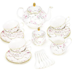 fanquare Pink Flowers and Vines Afternoon Tea Set, 21 Piece British Porcelain Teapot Set, Vintage Wedding Party Coffee Set, Adult Tea Service for 6 People