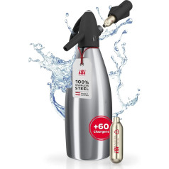 iSi - Soda Siphon 1L with 6 x 10 CO2 Capsules in Starter Set - Stainless Steel Carbonated Water Carbonator Cartridges for Sparkling Water, Long Drinks and Cocktails - Bar Accessories Soda Maker - Made