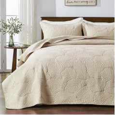 Qucover Bedspread 220 x 240 cm, Beige, Cotton Bedspread, Bed Throw, Ultra Soft Bedspread, Embroidery, Bedspreads 220 x 240 cm, Quilt with 2 Pillowcases, Sofa Throw Blanket for Bed