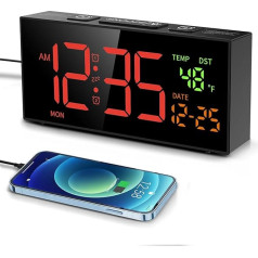 Digital Alarm Clock Loud, Digital Alarm Clock with Temperature and Date Display, 10 Ringtones, 2 Alarms, Snooze, 4 Brightness, 4 Volumes, 12/24 Hours, Alarm Clock for Bedroom, Living Room (Black/Red)