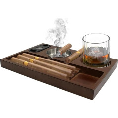 Cigar Ashtray, Wooden Cigar Ashtray with Cigar Cutter, Cigar Holder & Whiskey Stand-3 Cigar Slots, Heavy Cigar Accessories for Home, Office and Outdoor