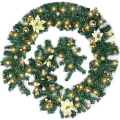 JOFONY Christmas Garland with Lighting Decoration, 60 LEDs, 2.7 m Fir Garland, Battery Christmas Fairy Lights with Golden Flowers, Christmas Baubles, Christmas Garland Christmas Decoration for Indoor