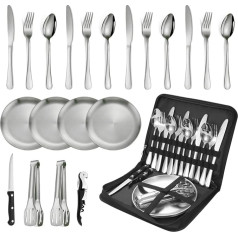 VBNZBK Camping Cutlery Set, 20 Pieces Camping Crockery Set 4 People Stainless Steel Cutlery Camping with Spoon Fork Knife Plate Clip for 4 Camping Picnic Hiking