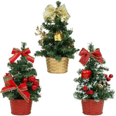 Belle Vous Mini Illuminated Christmas Tree - 20 cm Small Christmas Tree with Baubles and Pine Cones (Design 4 (Set of 3))