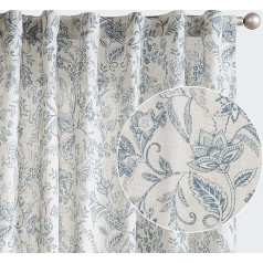 TOPICK Linen Curtains, Floral Printed Living Room Curtain with Concealed Loops, Living Room Curtains for Bedroom, Country House Door, Set of 2, Blue on Beige, 140 W x 175 H (cm)