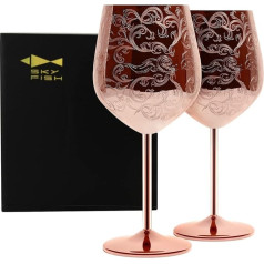 SKY FISH Stainless Steel Wine Glasses, Etched with Intricate and Authentic Baroque Engravings, Copper Coated Royal Style Wine Goblets, Set of 2, Hand Wash (480ml)