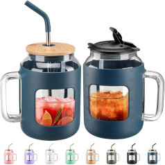 BLUEGO 1500 ml Glass Cup with Handle and Straw, Reusable Water Jug with 2 Lids, Glass Coffee Cup with Silicone Case, BPA-Free, 1.5 L Glass Water Bottle, Leak-Proof, Blue