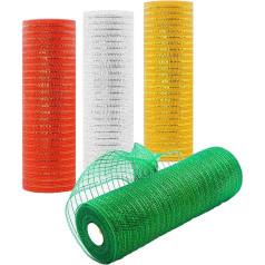 Harilla Decorative Poly Mesh Ribbon - Metallic Foil White/Green/Red/Yellow Set for Wreaths, Swags and Decoration