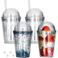 sweet grain Acrylbecher mit Kuppeldeckel (4er-Pack) – vorgebohrte, wiederverwendbare transparente Kunststoffbecher mit Deckel und Strohhalmen, doppelwandige Schneekugelbecher für