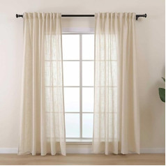 L.Z.E Beige Curtains with Ruffle Tape, Semi-Transparent Linen Curtains for Living Room, Bedroom, Children's Room, Window, Set of 2, Plain Colour, Linen Look, Country House Style, 215 cm Long