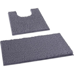 Bathroom Rug Set, 2-Piece Luxury Chenille Bath Mat Set, Soft Plush Non-Slip Bath Rug + Toilet Mat, 1 Inch Microfibre Shaggy Rug, Super Absorbent (Curved Set, Dark Grey)