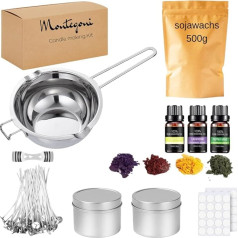 Candle Making Set DIY Complete Candle Pouring Set Including 500 g Soy Wax, Melting Bowl, Wax Colours, Candle Tins, Candle Wicks and Wick Holder, Essential Oils, Candle Making Kit