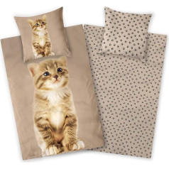 Aminata kids - Flannelette Children's Bed Linen 135 x 200 cm, Cute Cat Motif for Girls, Brown, 100% Cotton, Zip - Warm, Soft and Cuddly - Flannel Bed Linen