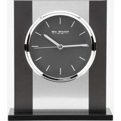 WM. Widdop Mantel Clock, Black Glass and Brushed Aluminium