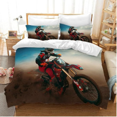 HZVRTN Motorcycle Bedding Set, Teens, Cool Motorcycle Driver Bed Set for Children, Boys, Motocross Theme Duvet Cover Set, Microfibre, 3-Piece with Pillowcase (135 x 200 cm, Motorcycle D)