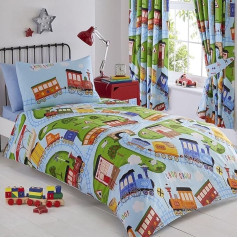 Childrens Boys Reversible Steam Train Bed Set Blue Green