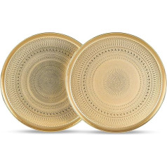 JAZUIHA Decorative Tray, Round, Set of 2, Decorative Bowl, Gold Metal, Decorative Tray Diameter 34 cm, Golden Serving Tray with High Rim, Decoration Plate with Vintage Embossed Design