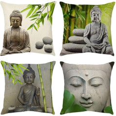 OCEUMACO Linen Cushion Covers 45 x 45 cm for Sofa Home Bedroom Set of 4 Square Zen Buddha Throw Cushion Covers 18 x 18 Inches Outdoor Bamboo Print Cushion Cover for Garden Furniture - Grey Green