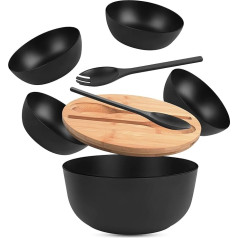 INNOVEST Salad Bowl with Lid Bamboo with Cutting Board, Cutlery, Salad Servers Includes 4 Serving Bowls, Fruit Bowl, Salad Bowl Set, Snack Bowl, 3.5 L, Black, 24.9 cm