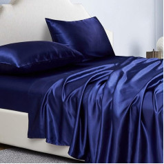 Jemiipee Fitted Sheet 4-Piece Satin Shiny Plain Colour, 200 x 200 cm for Mattresses up to 36 cm, Flat Sheet Set with Flat Sheet, Fitted Sheet, 2 Pillowcases - Navy Blue