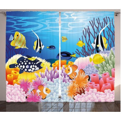 ABAKUHAUS Fish Rustic Curtain, Fish Coral Reefs, Living Room Universal Tape Curtains with Loops and Hooks, 280 x 225 cm, Aqua Pink