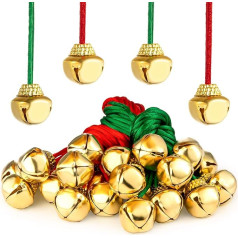 Whaline Gold Bell with Red Green Rope, 24 Pieces Christmas Bell Necklace, Large Metal Bell Christmas Hanging Christmas Tree Crafts Holiday Party Decoration