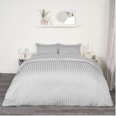 OHS Double Bed Satin Stripe Microfiber Double Duvet Cover Set Ultra Soft Decorative Luxury Duvet Cover with Pillowcases Silver
