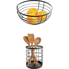 iDesign Austin Open Design Fruit Bowl, Round Metal Fruit Basket, Matte Black + Kitchen Utensil Holder for Countertop, Round Metal Cutlery Holder, Kitchen Storage, Matte Black