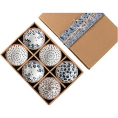 Vellichor Europe Set of 6 Japanese Style Ceramic Rice Bowls - 300ml Large Bohemian Small Bowls for Soups, Cereals and Desserts - Chip Resistant, Microwave and Dishwasher Safe