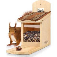 WILDLIFE FRIEND I Squirrel Feeder Stable Made of Solid Wood with Bark Roof - Weatherproof, Feeding Station for Squirrel Feeding, Squirrel Feeder - Feeding Station for Squirrels