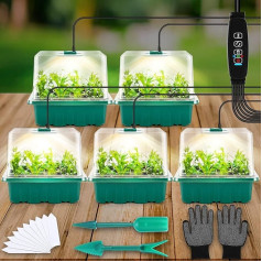 Mini Greenhouse, Pack of 5 Indoor Greenhouse Propagator with Light, Indoor with Timing Controller, Adjustable Brightness, Greenhouse Propagator Tray with Higher Lid, Ventilation for Plants