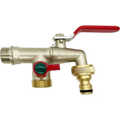 iBamso Double Tap Made of Brass, Premium Universal Double Outlet Tap, Rust and Frost-Proof, Double Ball Outlet Valve with 1 Brass Hose Connection 3/4 Inch
