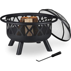 Relaxdays Fire Bowl with Spark Protection, Garden & Patio, with Poker, Outdoor Fire Pit, Steel, Diameter 63.5 cm, Black