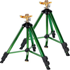 Biswing Tripod Base Sprinkler Head, Heavy Duty Lawn Sprinkler, 360 Degree Large Area Irrigation, Brass Sprinkler Nozzle and Solid Metal Extension Legs, Folding Locks, Pack of 2