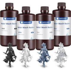 Water Washable Resin Plus, ANYCUBIC 3D Printer Resin Water Washable, UV Resin 405nm Standard Photopolymer Resin Low Odour for 4/6/8K Suitable LCD 3D Printer (Black + White + Grey + Clear, 1 kg, 4