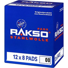 RAKSO Steel Wool Fine 00-96 Pads - 12 x 8 Pieces - Smooths Woods, Cleaning Plastic Blinds, Garden Furniture, Polishing Aluminium