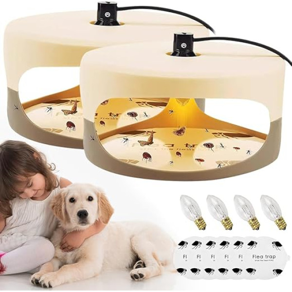 Zoydp Pack of 2 Flea Traps for Home, Flea Light Trap, Built-in Bulb, Non-Toxic, Odourless, Trap for Fleas, Mosquitoes, Night Moth, Flea Lamp for Bedroom, Living Room, Utility Room, Kitchen