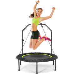 GYMAX Fitness Trampoline Diameter 101 cm, Quiet Foldable Mini Trampoline up to 150 kg Load Capacity, Garden Trampoline with Height-Adjustable Foam Handle & 2 Resistance Bands for Adults and Children