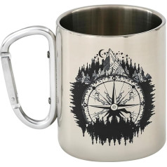 Metal Travel Mug Hiking Trekking Travel Mug 280ml Climbing Gift Wind Rose Pattern Stainless Steel Carabiner