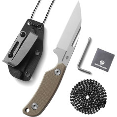 DRACHENADER Neck Knife Knife, D2 Steel, Sheepfoot Full Tang Blade 3 Inch, Small Knife with Kydex Sheath, Ball Chain and Belt Clip, Silver Blade + G10 Handle Khaki